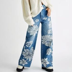 Free People We The Free Blue Talia Trouser Floral Flare Denim